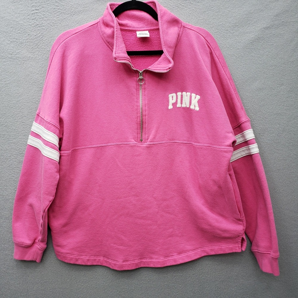 PINK Victoria's Secret 1/2 Zip Varsity Sweatshirt Hot Pink Comfy Loungewear M